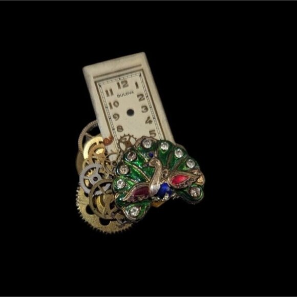 Steampunk Gear Brooch With Enamel Peacock & Crystal Accents - Picture 4 of 6